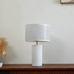 Lindby Sorscha bordlampe, hvid, jern, Ø 26 cm