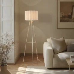 Lindby trebenetstående gulvlampe Libbie, 155 cm, hør, cremefarvet