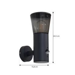 Lindby udendørs væglampe Heulo, Ø 10,5 cm, røggrå, sensor