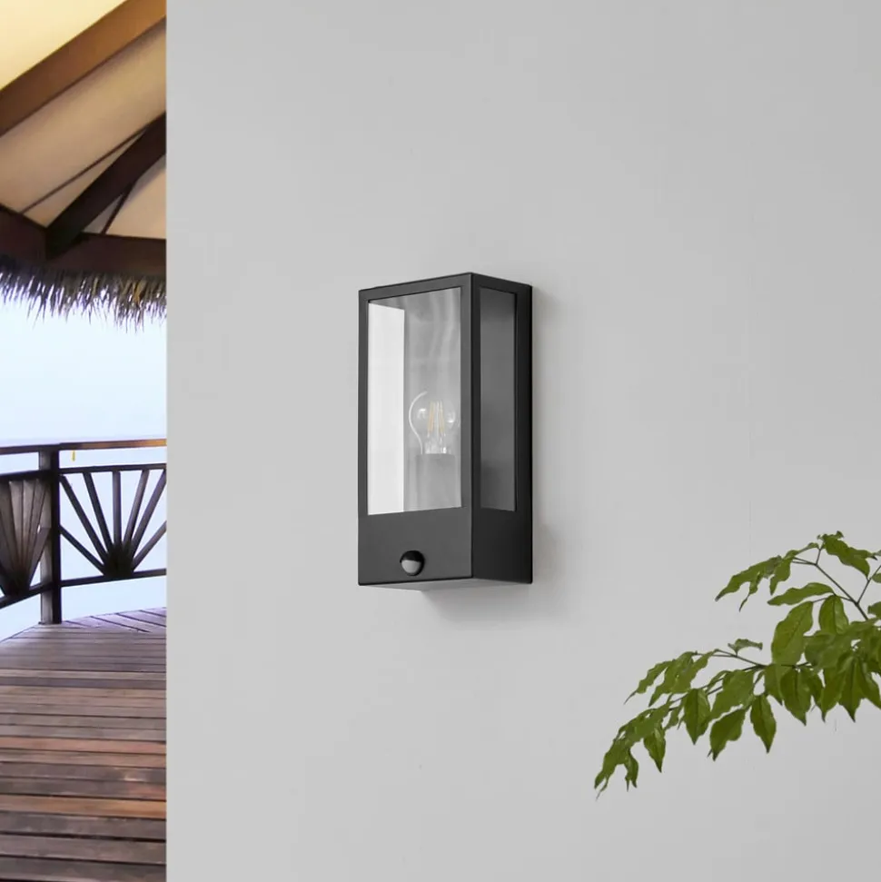 Lindby udendørs væglampe Ilana, sort, sensor, IP44, E27