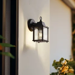 Lindby udendørs væglampe Rurik, sort, glas, aluminium, E27