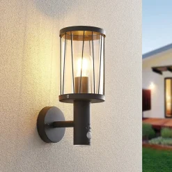 Lindby udendørs væglampe Yonan, højde 34 cm, antracit, sensor