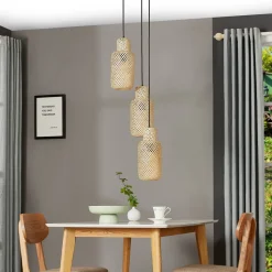 Lindby Venora hængelampe, rund, 3 lyskilder, Ø 15 cm, bambus