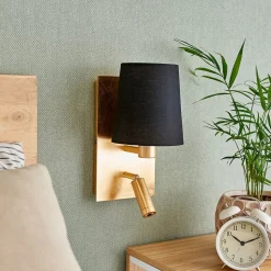 Lindby væglampe Aiden, 30 cm, sort, guld, LED-læselampe