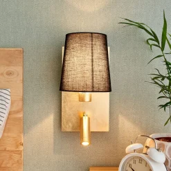 Lindby væglampe Aiden, 30 cm, sort, guld, LED-læselampe