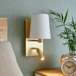 Lindby væglampe Aiden, hvid, messing, LED-læselampe