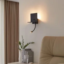 Lindby væglampe Thorid, sort, USB, LED-læselampe, G9