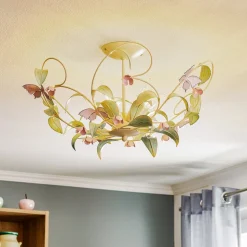 Loftlampe BUTTERFLY, creme/grøn/rosa, stål, 5 lyskilder