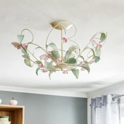 Loftlampe BUTTERFLY, creme/grøn/rosa, stål, 5 lyskilder