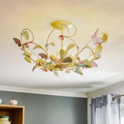Loftlampe BUTTERFLY, creme/grøn/rosa, stål, 3 lyskilder
