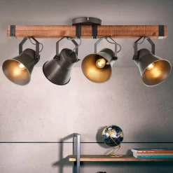 Loftspot Decca, længde 78 cm, sort/træ, 4-lys.