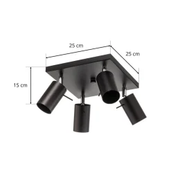 Loftspot Round i sort, 4 lyskilder, firkantet