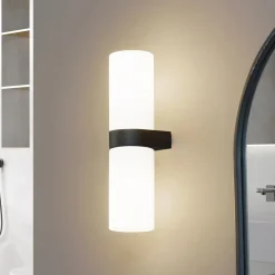 Lucande Basolo væglampe til badeværelset, sort, højde 31,5 cm, glas