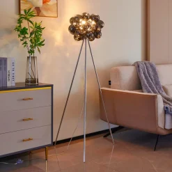 Lucande Gulvlampe Diborah, røggrå, glas, 150 cm, G9