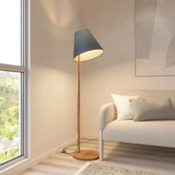 Lucande gulvlampe Jinda, blå, træ, stof, 160 cm, E27