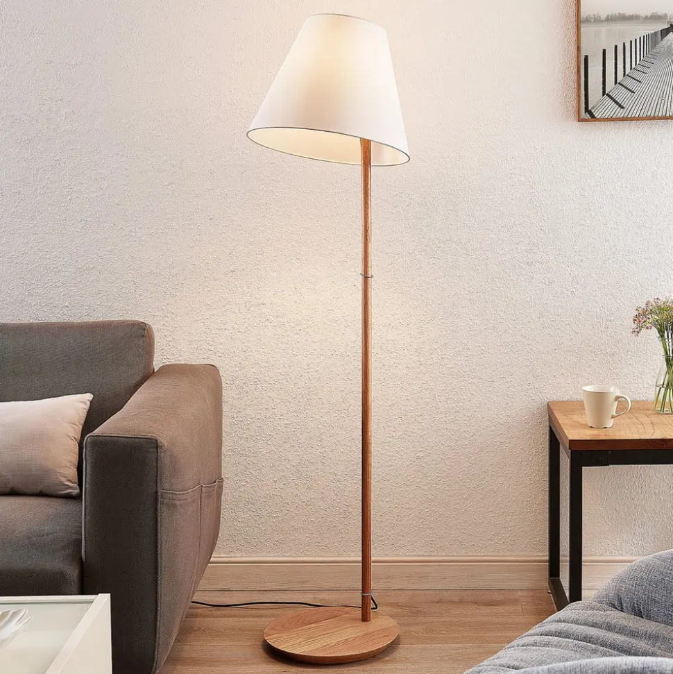Lucande gulvlampe Jinda, hvid, træ, stof, 160 cm, E27