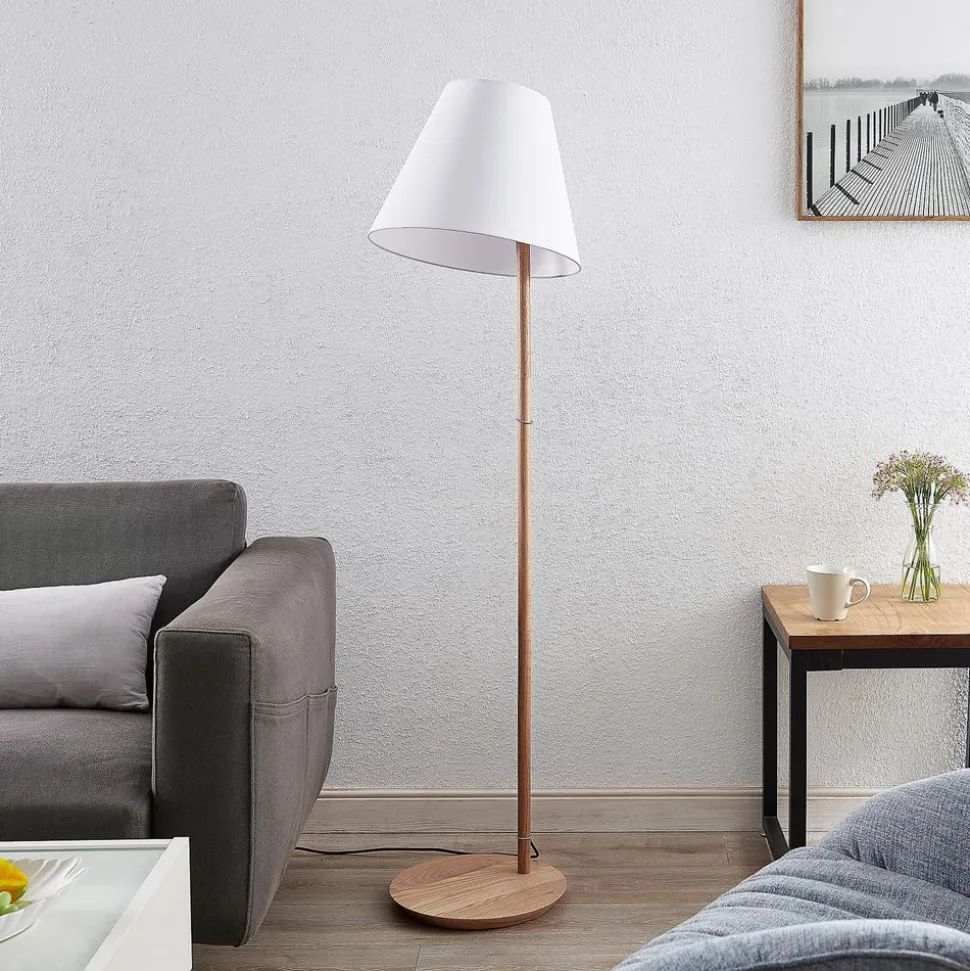 Lucande gulvlampe Jinda, hvid, træ, stof, 160 cm, E27