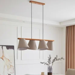 Lucande hængelampe Jinda, grå, træ, stof, 120 cm, E27