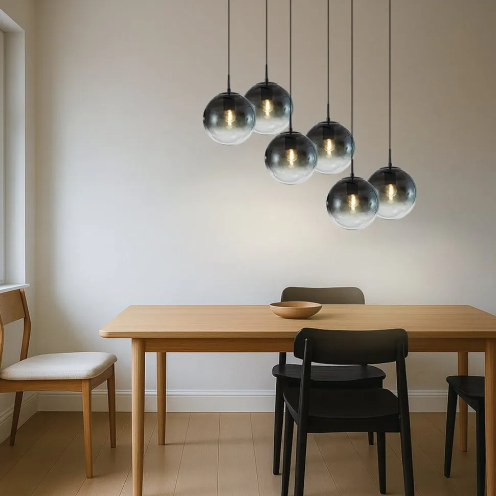 Lucande hængelampe Veloura, 6 lyskilder, 100 cm, glas, træ