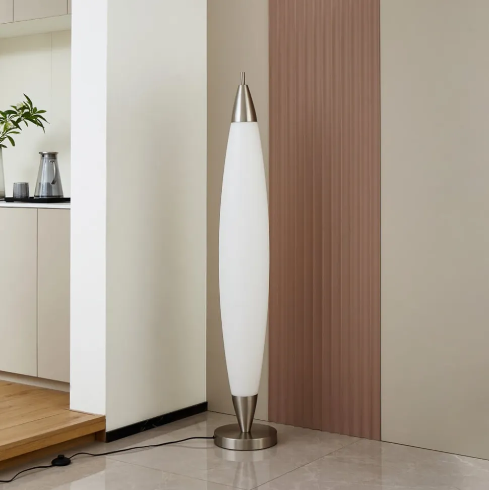 Lucande LED-gulvlampe Tarell, hvid/nikkel, 146 cm, dæmpbar