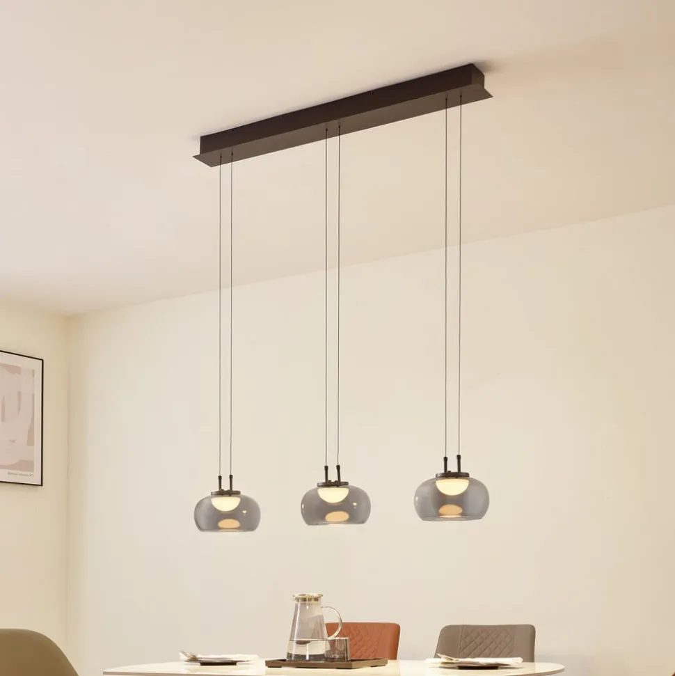 Lucande LED-hængelampe Dain, 3 lyskilder, røggrå, glas