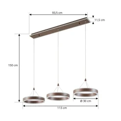 Lucande LED-hængelampe Kolo, 114 cm, 3 lyskilder, brun, dæmpbar