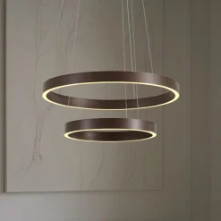 Lucande LED-hængelampe Yonam, Ø 60 cm, 2 lyskilder, brun, CCT