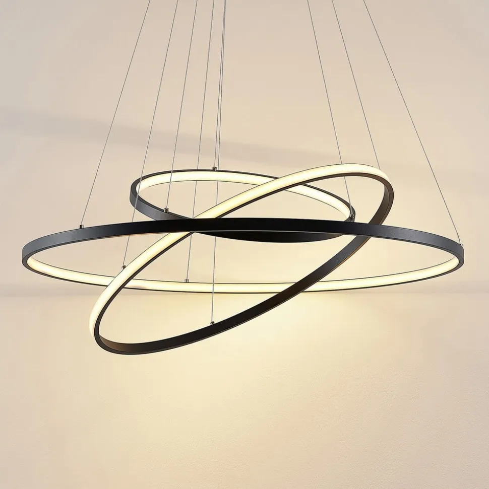 Lucande LED-pendellampe Ezana, sort, metal, Ø 80 cm