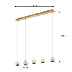 Lucande LED-pendellampe Hayley, 96 cm, 5 lyskilder, guld, glas