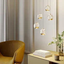 Lucande LED-pendellampe Hayley, Ø 30 cm, 5 lyskilder, guld, glas