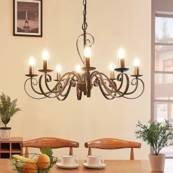 Lucande lysekrone Caleb, 8 lyskilder, rustfarvet, metal, E14