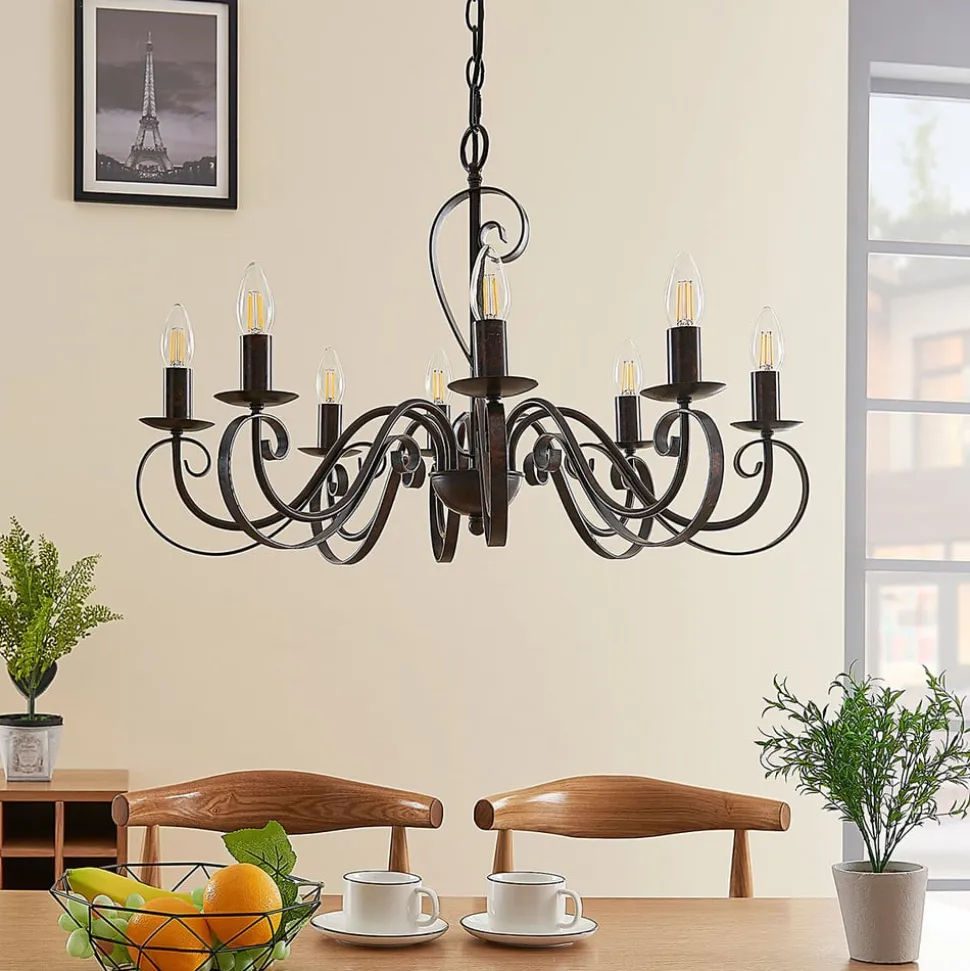 Lucande lysekrone Caleb, 8 lyskilder, rustfarvet, metal, E14