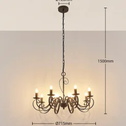 Lucande lysekrone Caleb, 8 lyskilder, rustfarvet, metal, E14