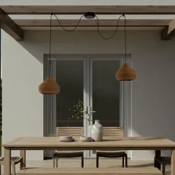 Lucande udendørs hængelampe Taniola, 2 lyskilder, beige, rattan, IP44