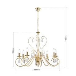 Lysekrone Alessia 8 lyskilder krystalglas guld