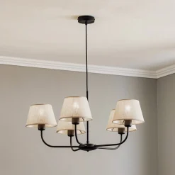 Lysekrone Chicago, linnedskærme med 5 lyskilder