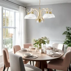 Lysekrone Flora, fem glasskærme, hvid/messing