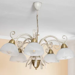 Lysekrone Flora, fem glasskærme, hvid/messing