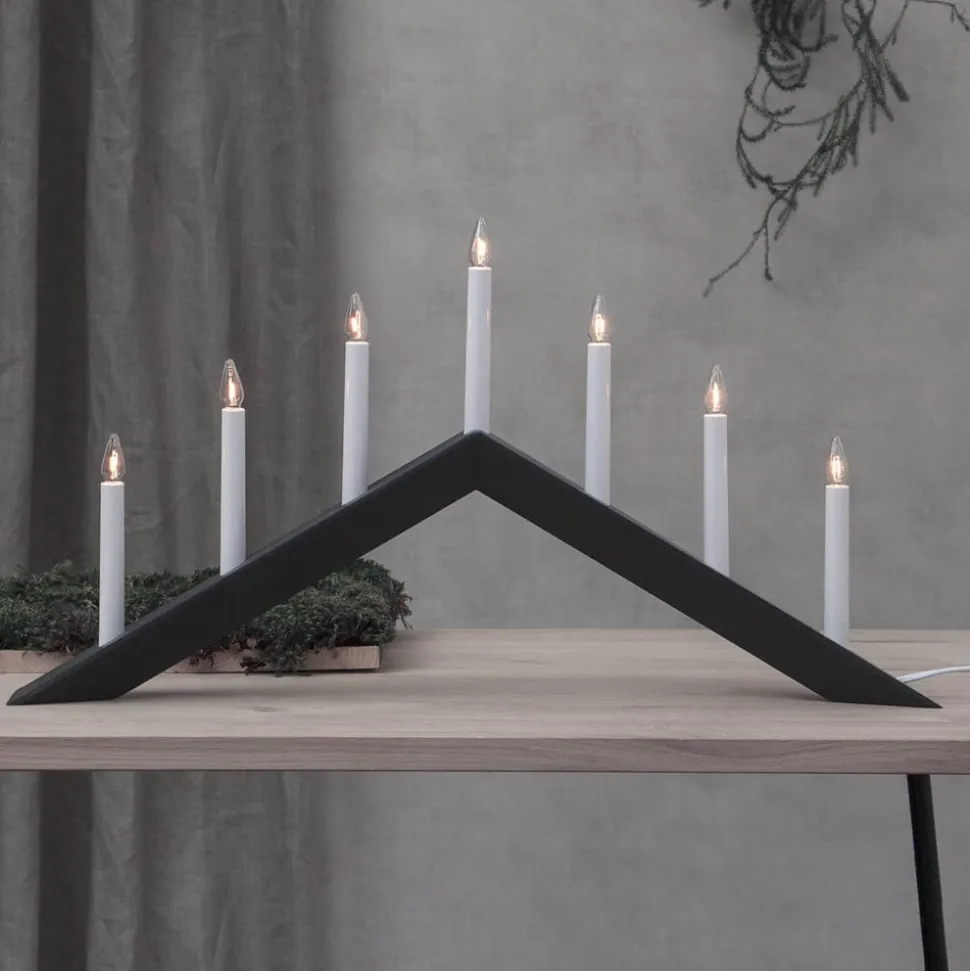 Lysestage Pil, flad, 7-flamme, sort