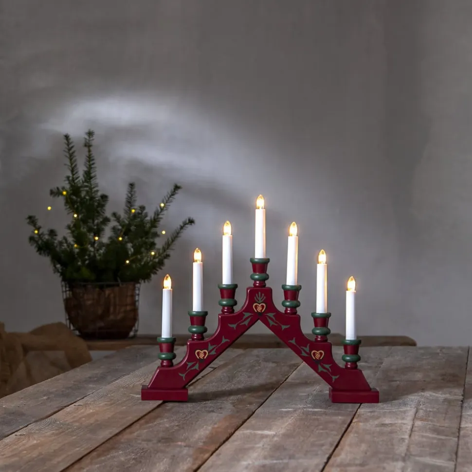 Lysestage Sara, rød, træ, 43 cm bred, 7 lyskilder, E10