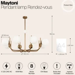 Maytoni hængelampe Rendez-vous, 8 lyskilder, messingfarvet