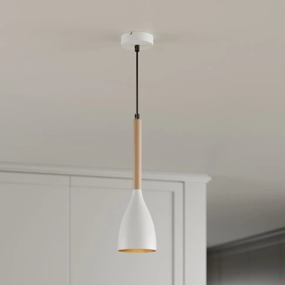 Muza pendel, enkeltlys, hvid/lyst træ