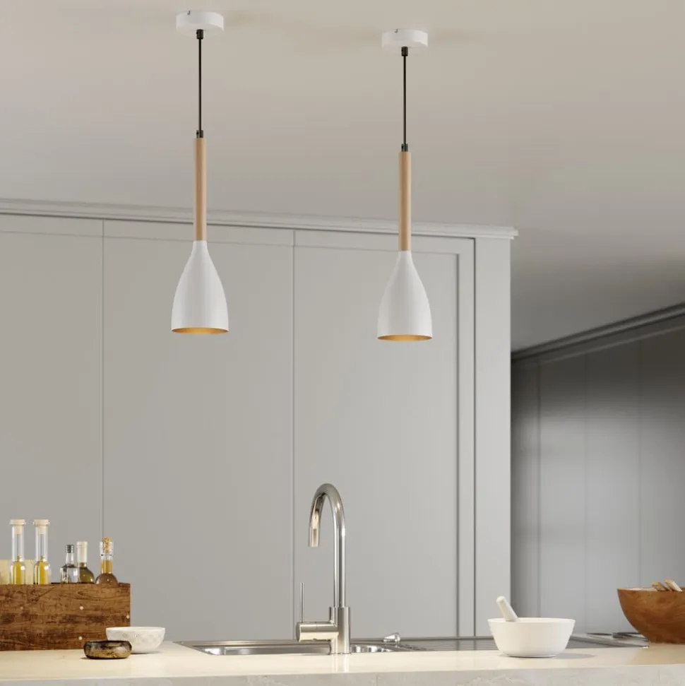 Muza pendel, enkeltlys, hvid/lyst træ