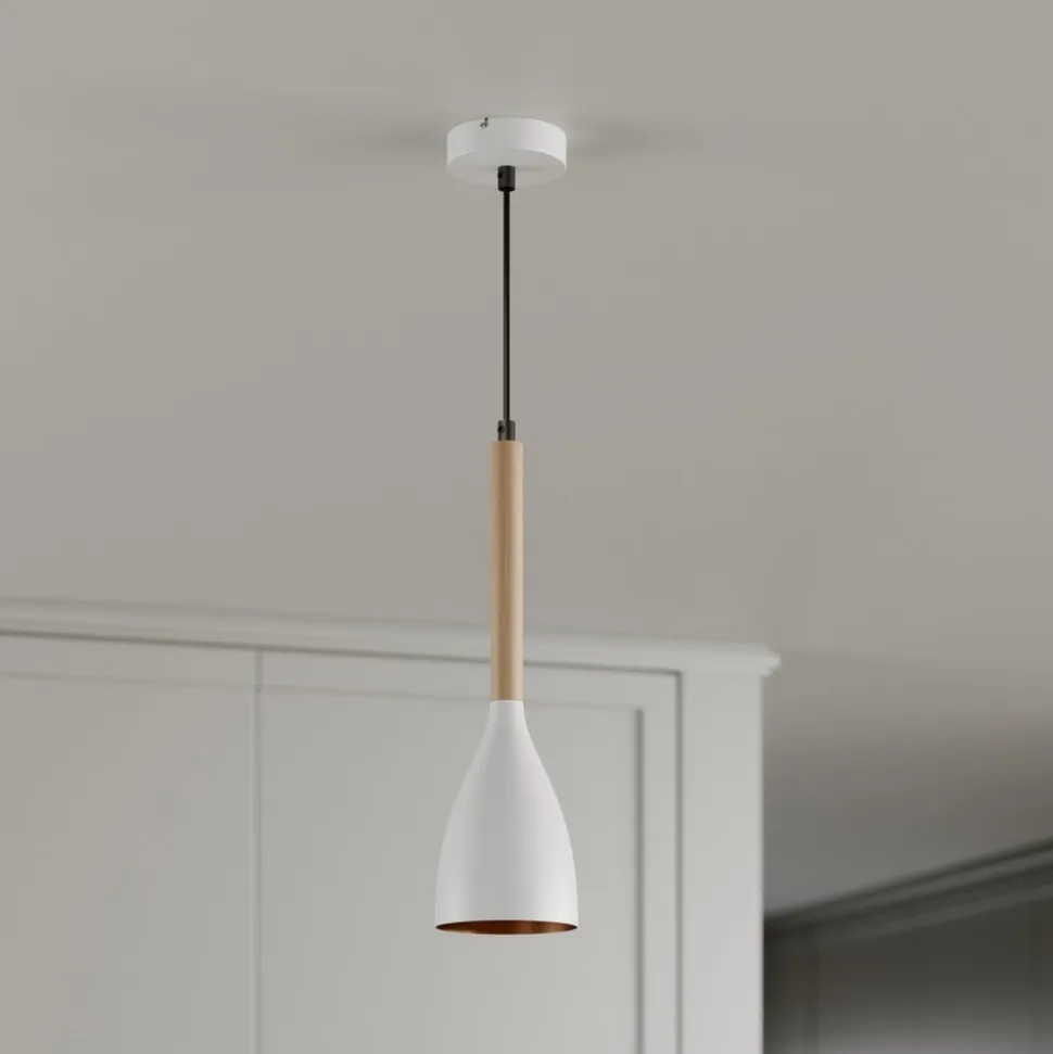 Muza pendel, enkeltlys, hvid/lyst træ