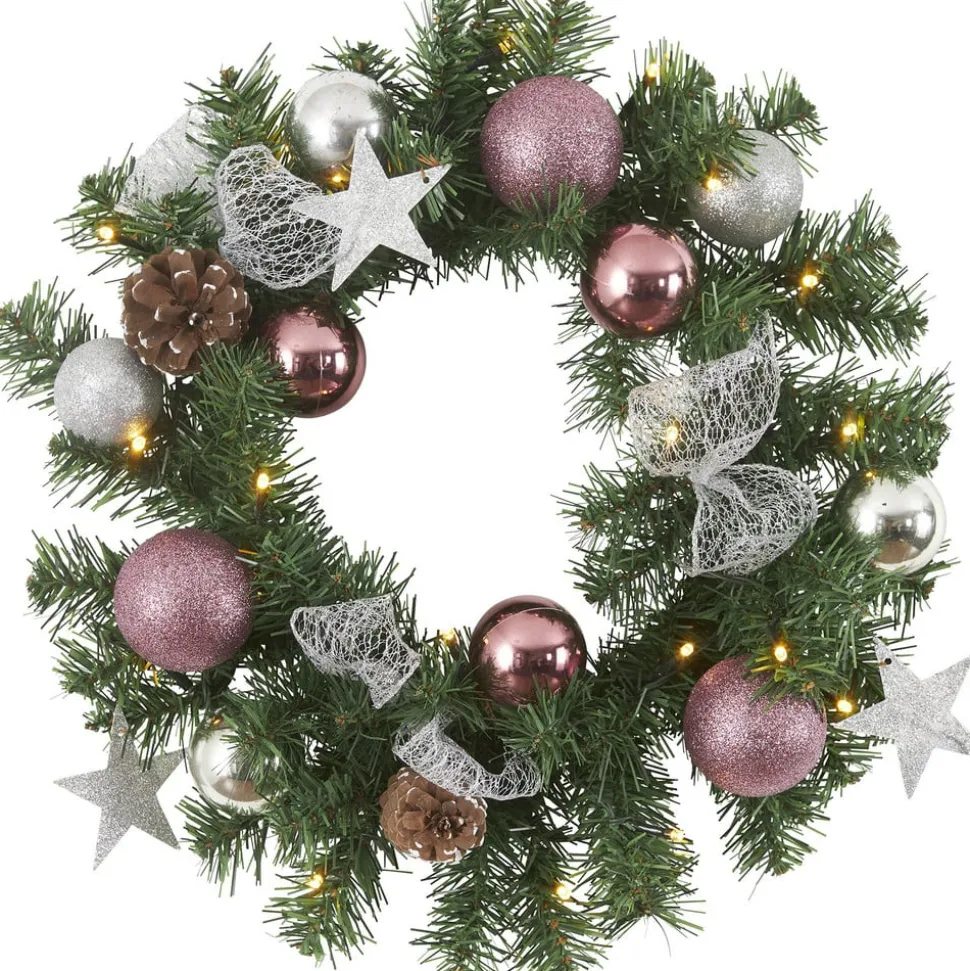 Noel LED-julekrans med sølv-/pinkfarvet dekoration