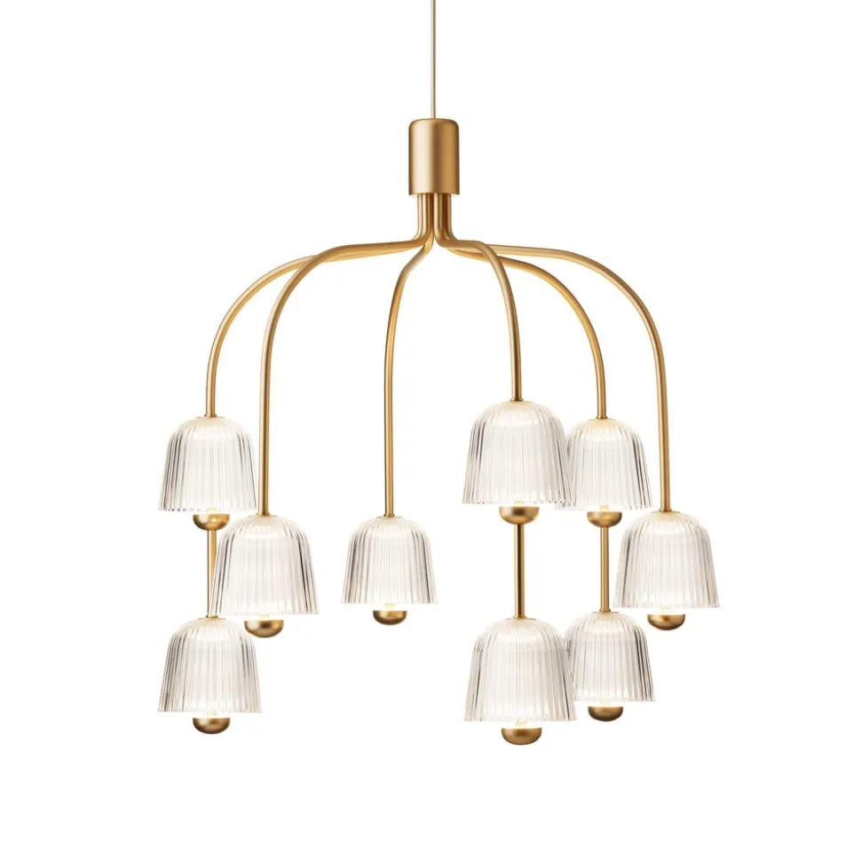 Nuura LED-lysekrone Asteea 9, Ø 66 cm, messingfarvet/klar