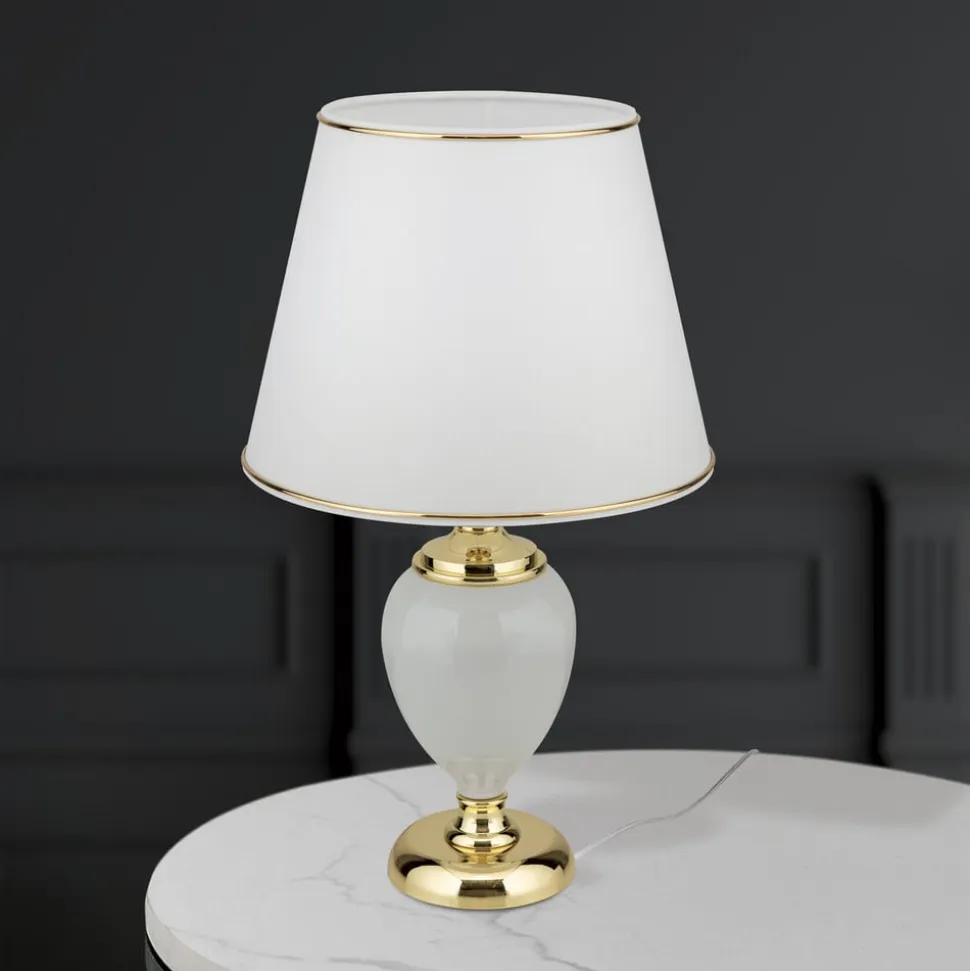 Ovum bordlampe, hvid/guldfarvet, højde 48 cm, keramik/chintz