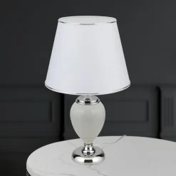 Ovum bordlampe, hvid/krom, højde 48 cm, keramik/chintz