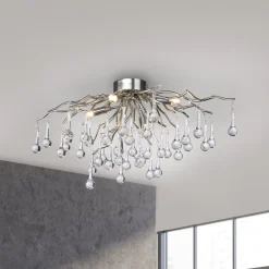 Paul Neuhaus loftlampe Icicle, glaspendel, 4 lyskilder, sølv