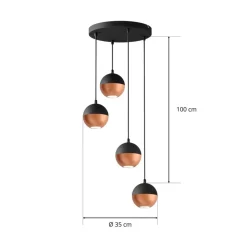 Pendellampe Midnight i sort/kobber 4 lyskilder, rund